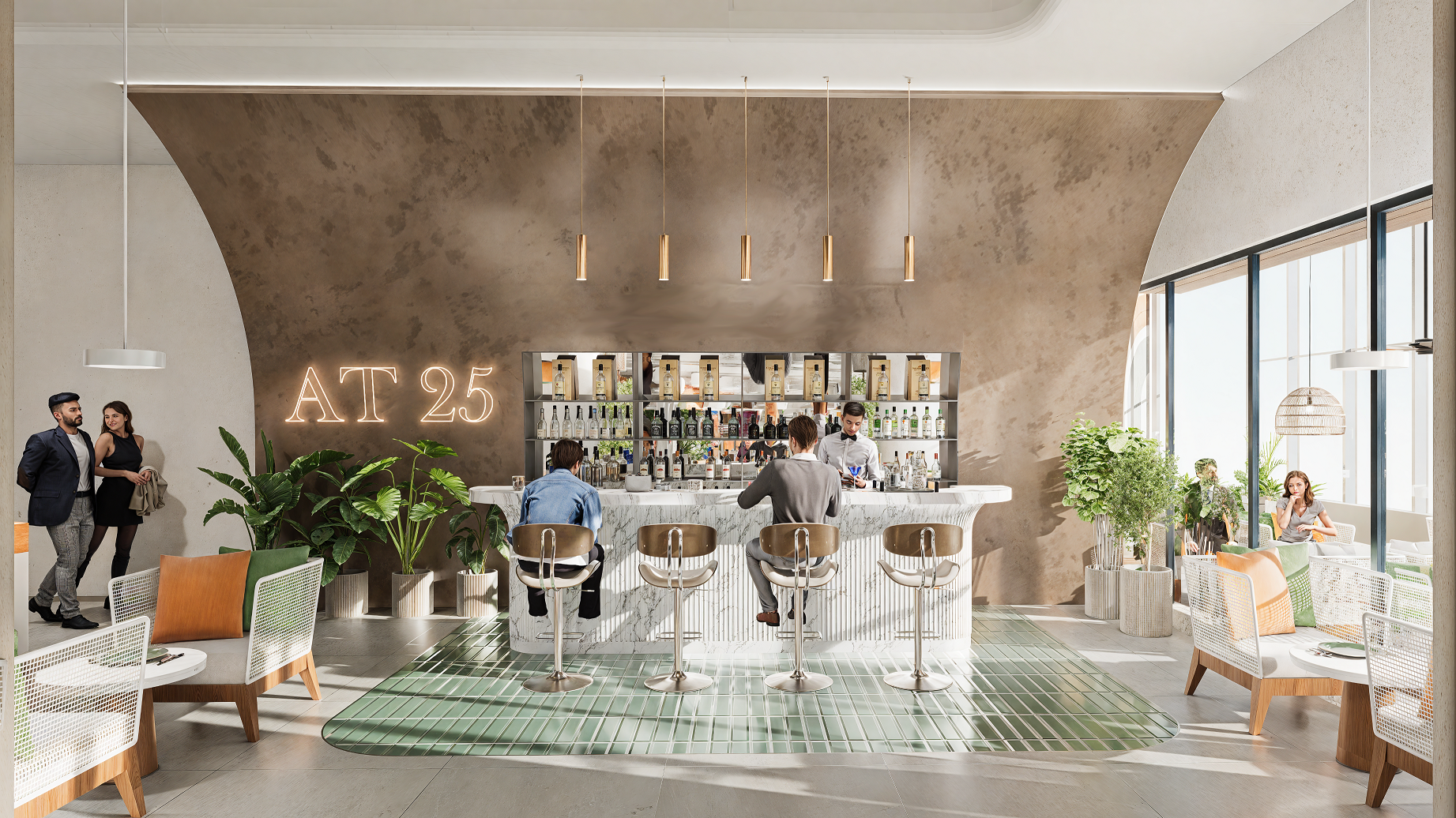 Chic rooftop bar and restaurant interior design at At 25, featuring an open-air terrace layout, sophisticated mood lighting, and modern outdoor lounge seating with panoramic city skyline views