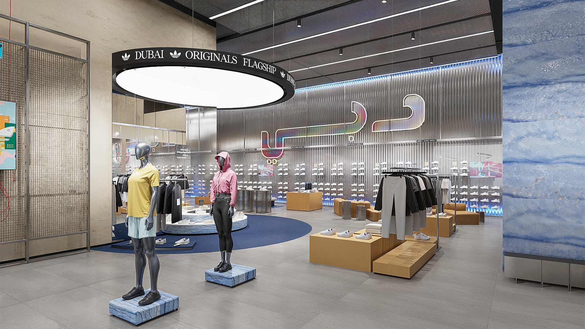 Flagship Adidas Dubai retail interior at Dubai Mall, featuring the world's largest brand collection within a sustainable 'Home of Sport' concept, showcasing high-tech digital integration and locally-inspired architectural elements
