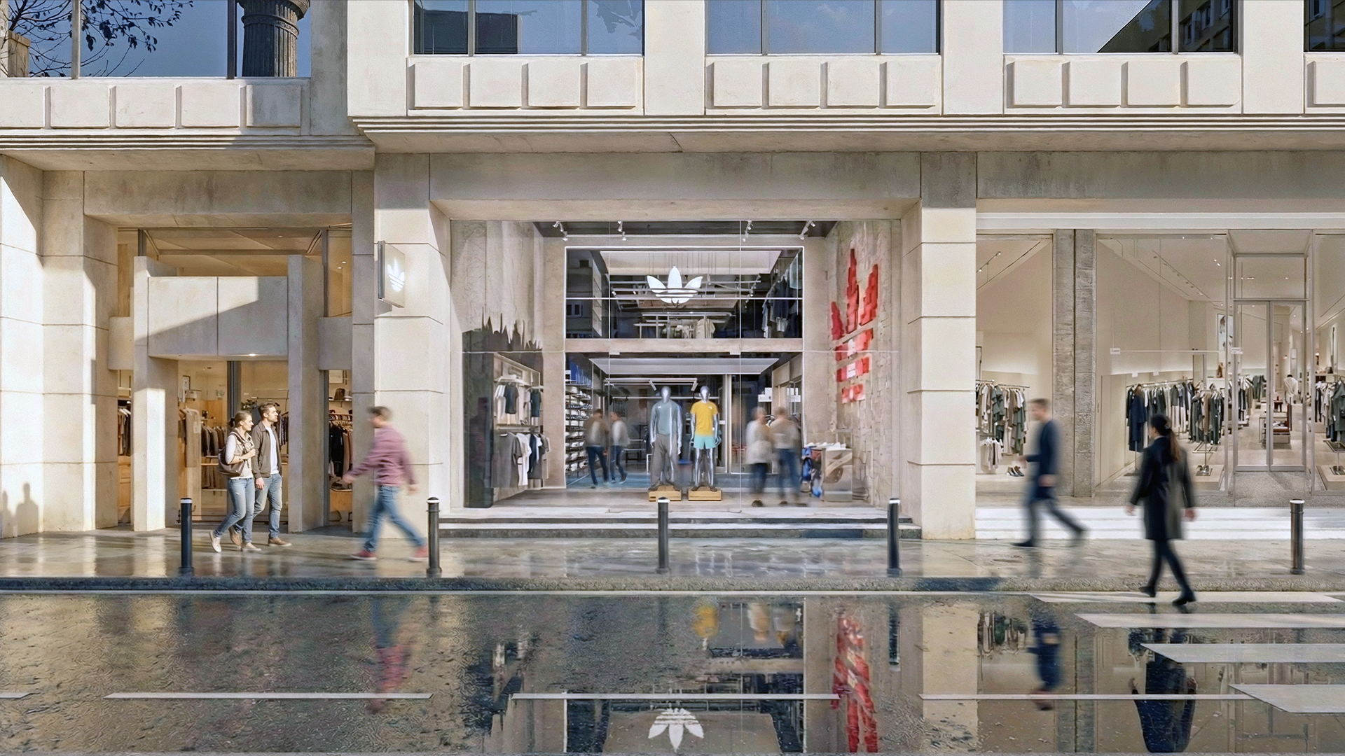 Streetwear-focused interior design at Adidas Originals Teşvikiye, combining neighborhood-inspired urban textures with signature blue branding and a minimalist industrial fit-out