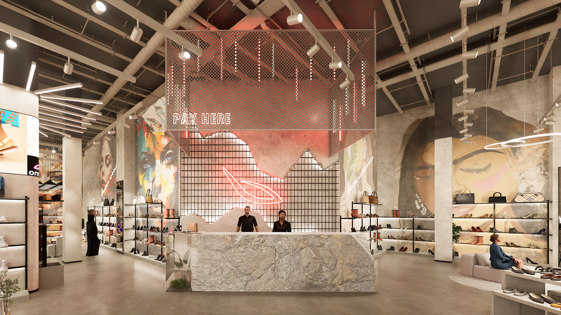 Bespoke luxury retail display for Bueno Footwear featuring handcrafted leather shoes on minimalist floating shelves with warm accent lighting by Pixel Studio