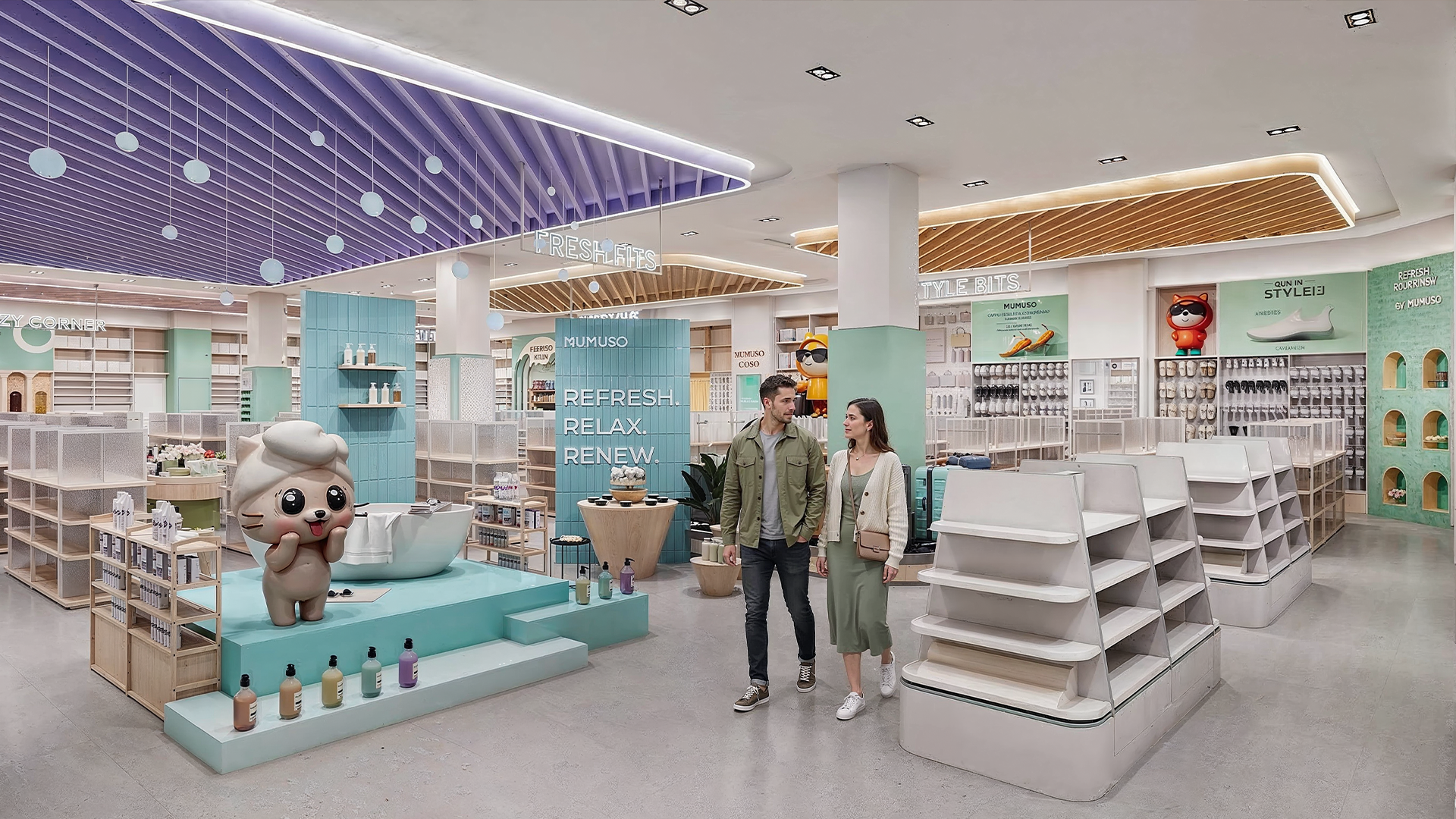 Modern lifestyle retail store interior of Mumuso at City Centre Al Zahia, featuring bright white shelving, organized product categories, and a cheerful pastel color palette