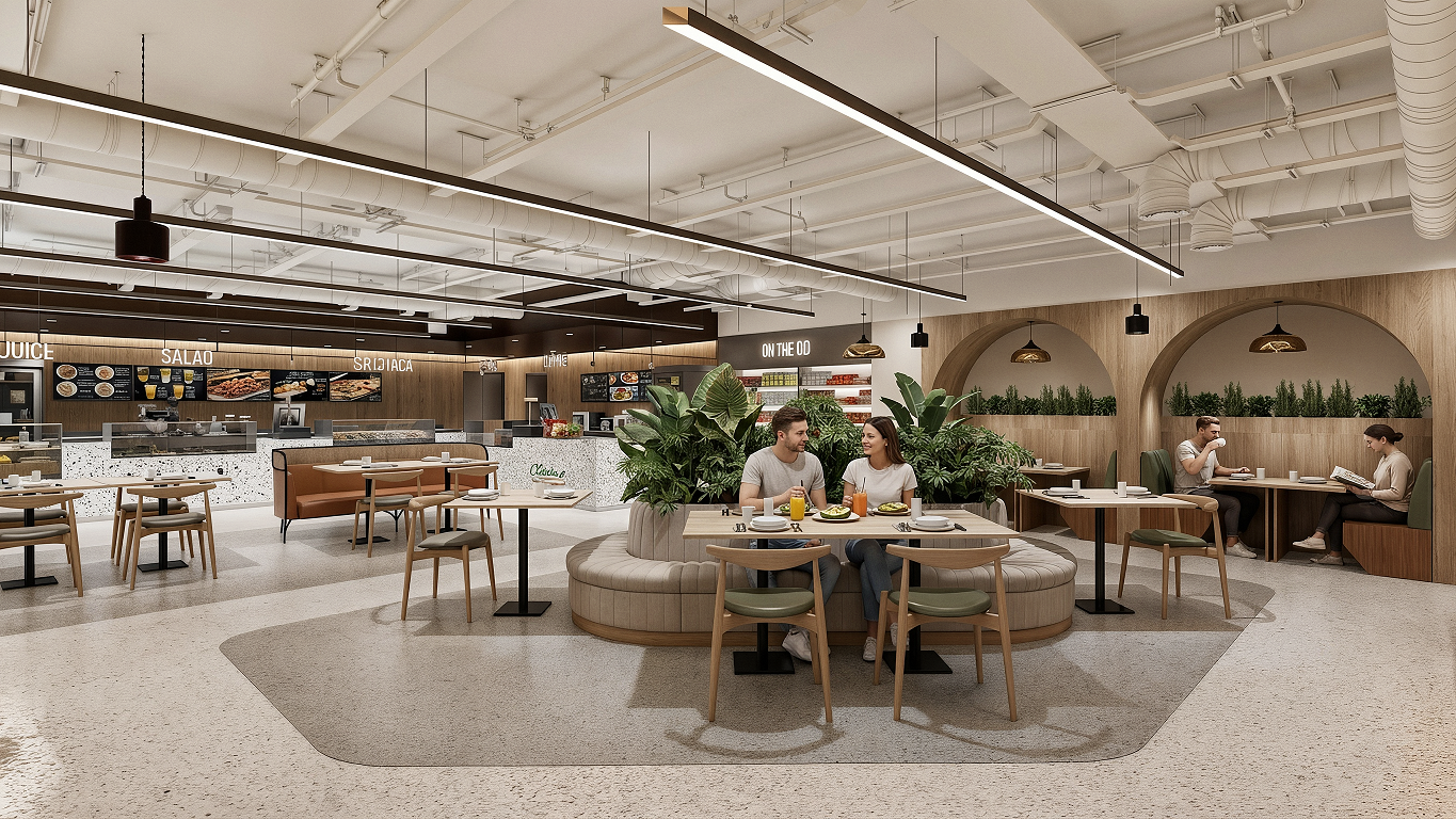 Modern open-concept café and bakery interior design featuring a warm wood service counter, integrated pastry display cases, and a sophisticated bistro-style dining area with ambient pendant lighting