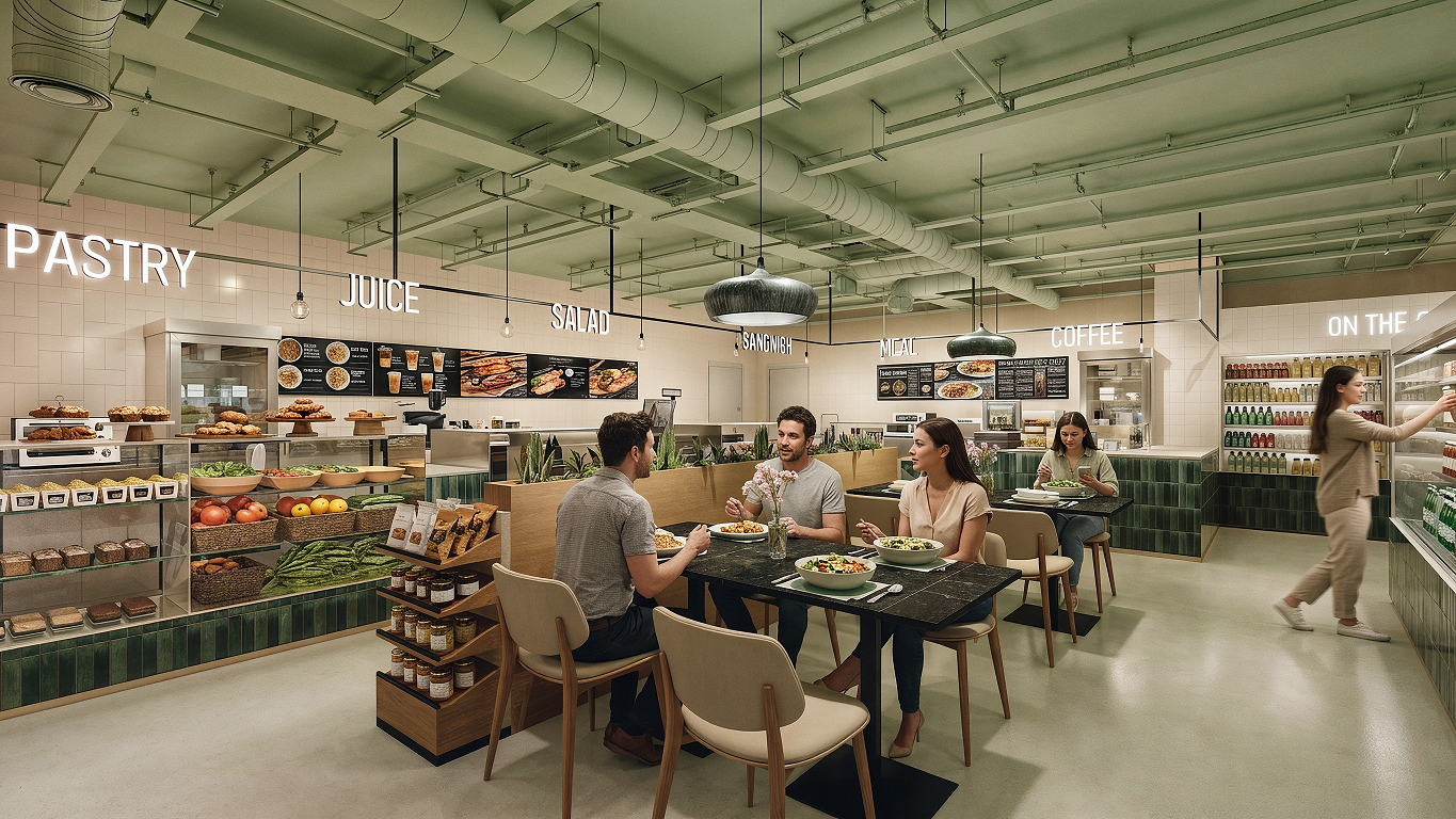 Contemporary cafe and bakery interior design by Pixel Studio