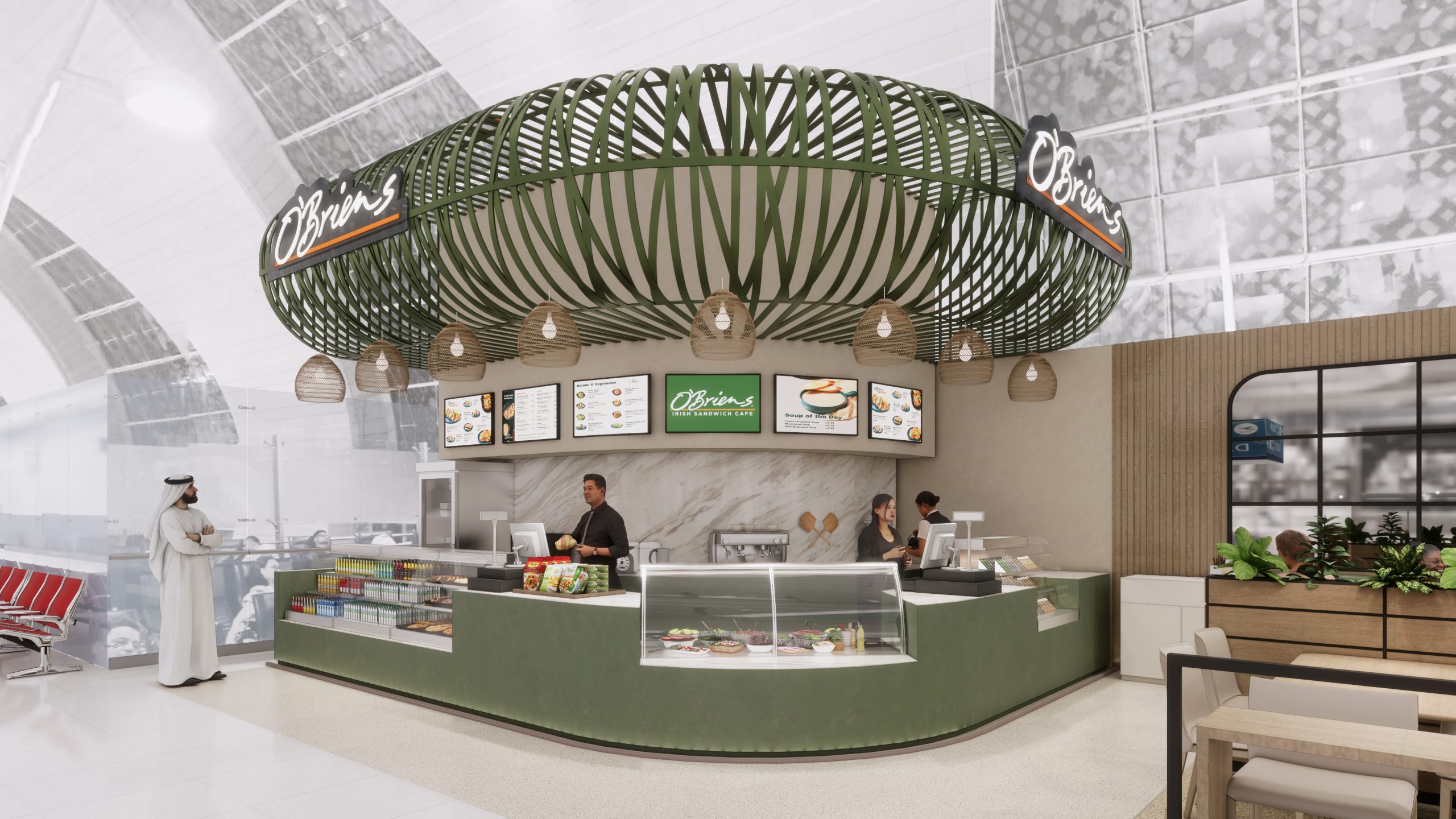 Contemporary F&B interior fit-out for O'Briens at Terminal 1, featuring a streamlined grab-and-go counter