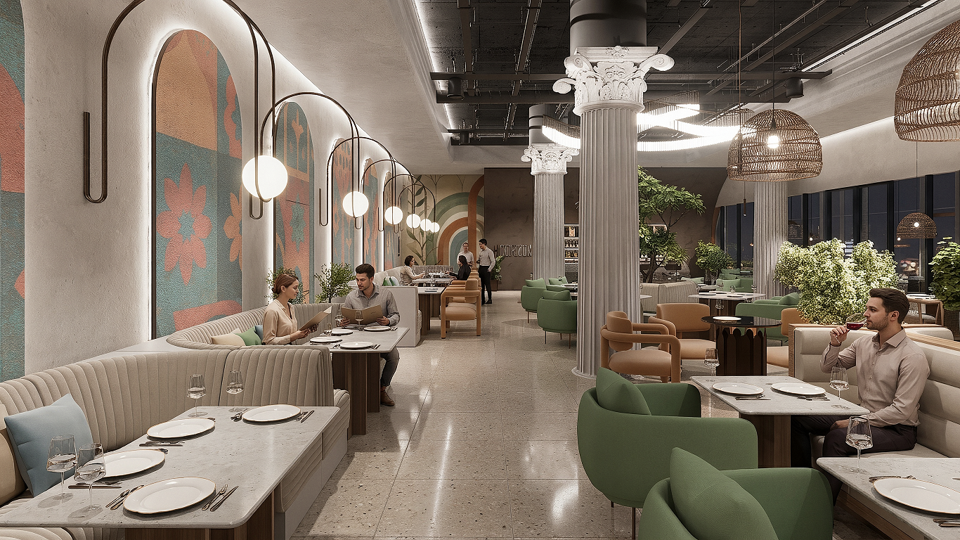 Modern fine-dining restaurant interior design for Horizon, featuring an expansive open-plan layout