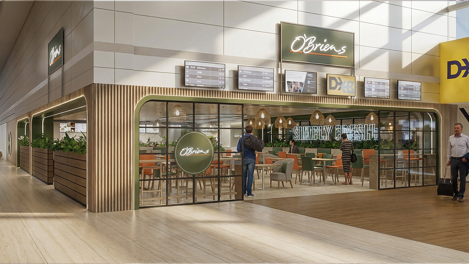 Contemporary F&B interior fit-out for O'Briens at Terminal 1, featuring a streamlined grab-and-go counter, warm oak wood textures, and a high-traffic seating layout