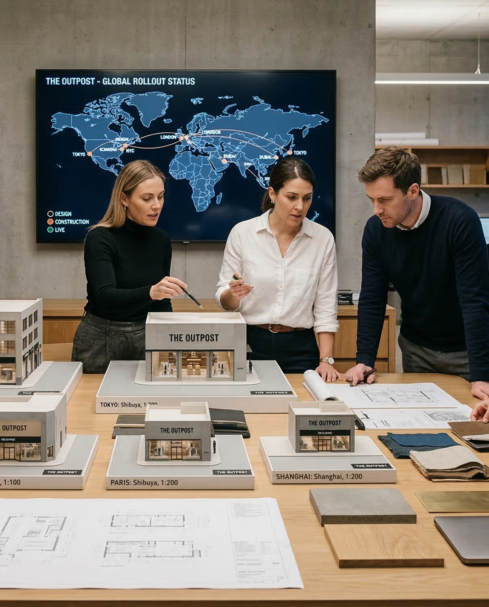 Designers reviewing 3D design drafts and material samples