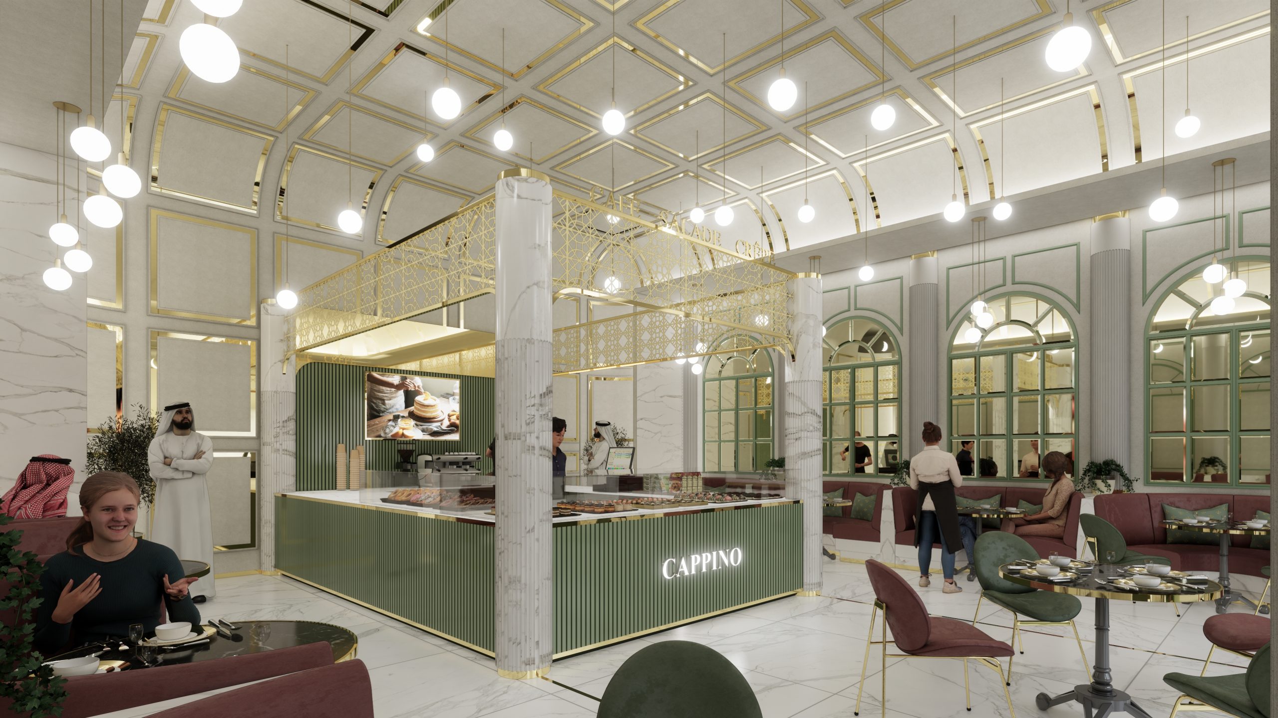 Sophisticated café interior design for Cappino, featuring a curved marble espresso bar, warm and minimalist dining tables